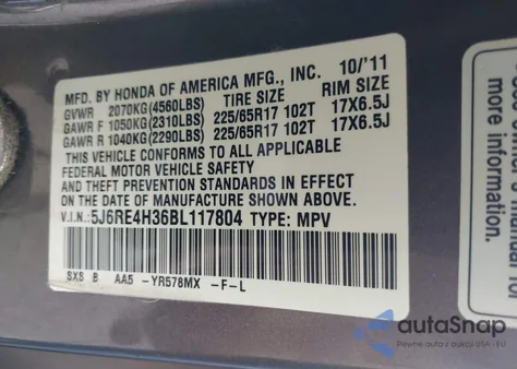 2011 Honda Cr-V Lx from USA, damaged, VIN 5J6RE4H36BL117804